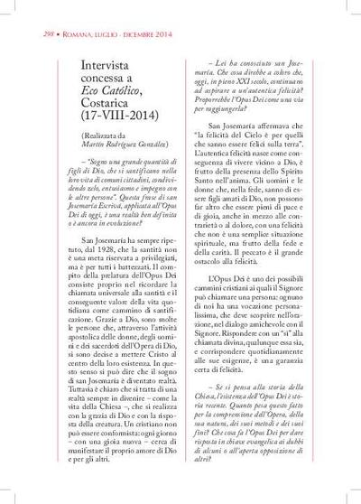 Intervista [realizzata da Martín Rodríguez González] concessa a «Eco Católico», Costarica (17-VIII-2014). [Journal Article]