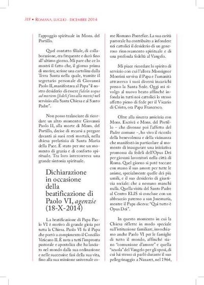 Dichiarazione in occasione della beatificazione di Paolo VI, agenzie (18-X-2014). [Journal Article]