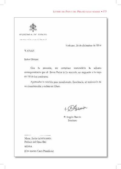 Lettera del Santo Padre al prelato dell'Opus Dei, sulle nomine (16-XII-2014). [Artículo de revista]
