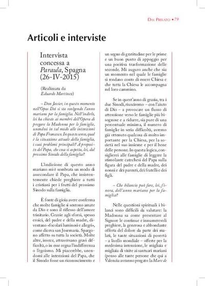 Intervista concessa a «Paraula», Spagna (26-IV-2015) (Realizzata da Eduardo Martínez). [Journal Article]