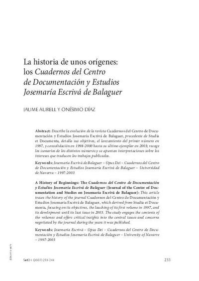La historia de unos orígenes: los <i>Cuadernos del Centro de Documentación y Estudios Josemaría Escrivá de Balaguer</i>. [Journal Article]