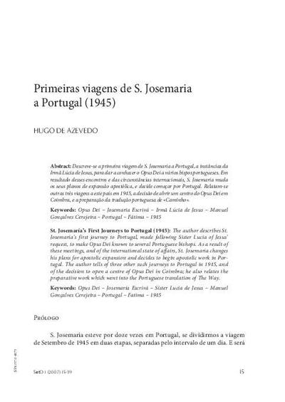 Primeiras viagens de S. Josemaría a Portugal (1945). [Artículo de revista]