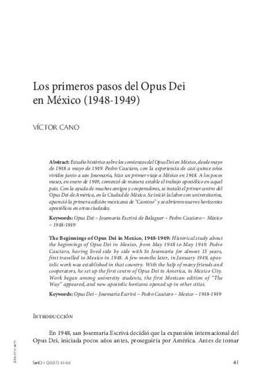 Los primeros pasos del Opus Dei en México (1948-1949). [Journal Article]
