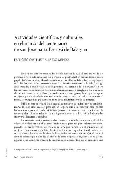 Actividades científicas y culturales en el marco del centenario de san Josemaría Escrivá de Balaguer. [Journal Article]