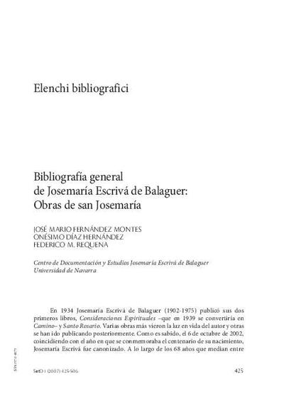 Bibliografía general de Josemaría Escrivá de Balaguer: Obras de san Josemaría. [Artículo de revista]