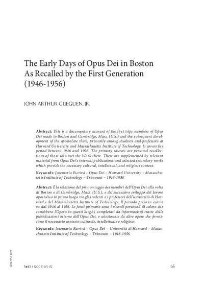 The Early Days of Opus Dei in Boston As Recalled by the First Generation (1946-1956). [Journal Article]