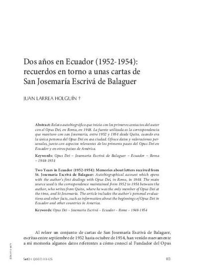Dos años en Ecuador (1952-1954): recuerdos en torno a unas cartas de San Josemaría Escrivá de Balaguer. [Artículo de revista]