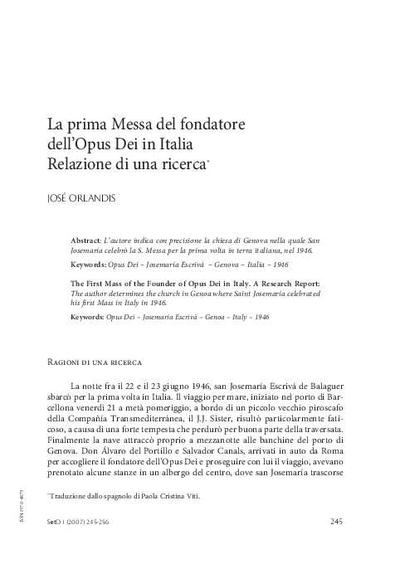 La prima Messa del fondatore dell’Opus Dei in Italia. Relazione di una ricerca. [Artículo de revista]