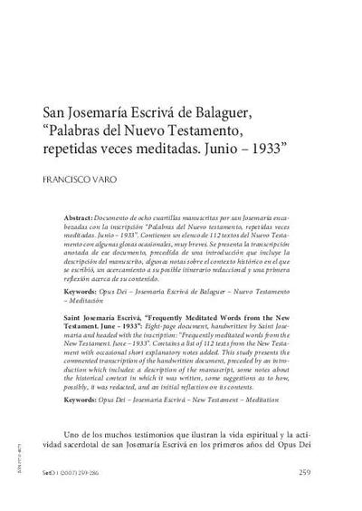 San Josemaría Escrivá de Balaguer, «Palabras del Nuevo Testamento, repetidas veces meditadas. Junio - 1933». [Artículo de revista]