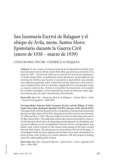 San Josemaría Escrivá de Balaguer y el obispo de Ávila, mons. Santos Moro: Epistolario durante la Guerra Civil (enero de 1938 - marzo de 1939). [Artículo de revista]