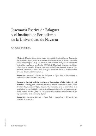 San Josemaría de Balaguer y el Instituto de Periodismo de la Universidad de Navarra. [Artículo de revista]
