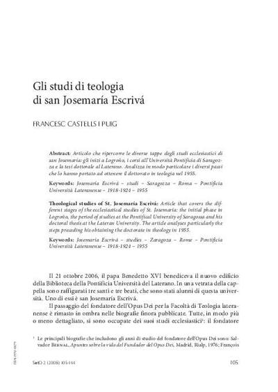 Gli studi di teologia di san Josemaría Escrivá. [Journal Article]