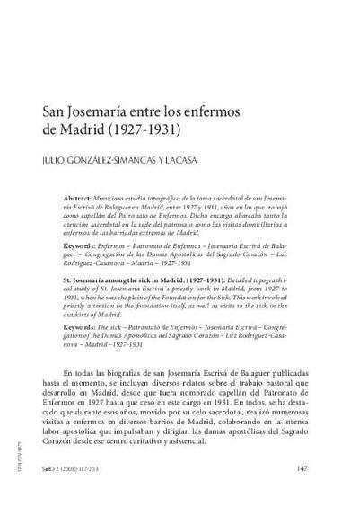 San Josemaría entre los enfermos de Madrid (1927-1931). [Journal Article]