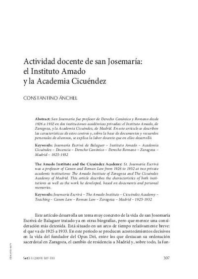 Actividad docente de san Josemaría: el Instituto Amado y la Academia Cicuéndez. [Journal Article]