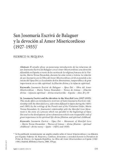 San Josemaría Escrivá de Balaguer y la devoción al Amor Misericordioso (1927-1935). [Journal Article]