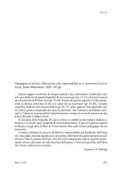 [Recensión sobre: Educazione alla responsabilità in s. Josemaría Escrivá]. [Journal Article]