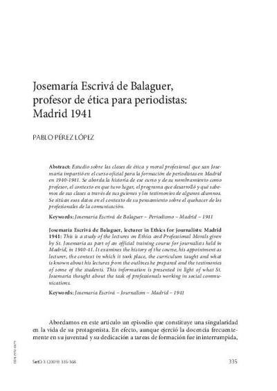 Josemaría Escrivá de Balaguer, profesor de ética para periodistas: Madrid 1941. [Artículo de revista]