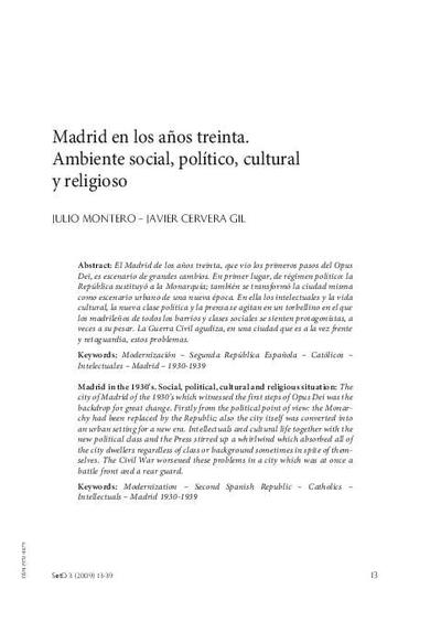 Madrid en los años treinta. Ambiente social, político, cultural y religioso. [Artículo de revista]