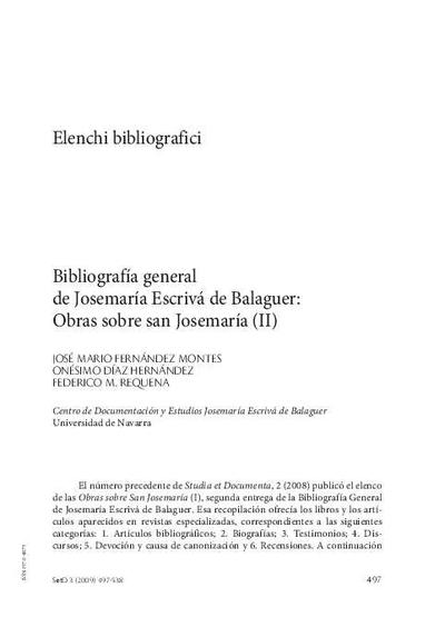 Bibliografía general de Josemaría Escrivá de Balaguer: Obras sobre san Josemaría (II). [Journal Article]