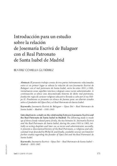 Introducción para un estudio sobre la relación de Josemaría Escrivá de Balaguer con el Real Patronato de Santa Isabel de Madrid. [Journal Article]