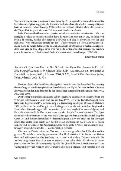 [Recensión sobre: Der Gründer des Opus Dei Josemaría Escrivá. Eine Biographie, Band 1, 2 y 3]. [Journal Article]