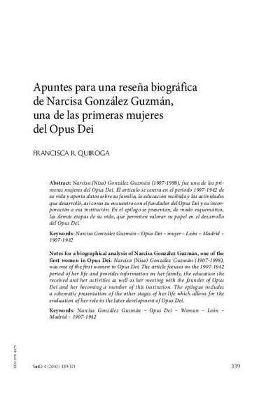 Apuntes para una reseña biográfica de Narcisa González Guzmán, una de las primeras mujeres del Opus Dei. [Artículo de revista]