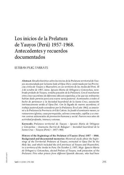 Los inicios de la Prelatura de Yauyos (Perú) 1957-1968. Antecedentes y recuerdos documentados. [Journal Article]