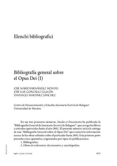 Bibliografía general sobre el Opus Dei (I). [Journal Article]
