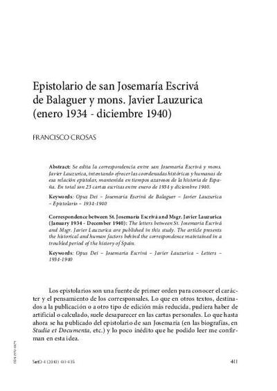 Epistolario de san Josemaría Escrivá de Balaguer y mons. Javier Lauzurica (enero 1934 - diciembre 1940). [Journal Article]