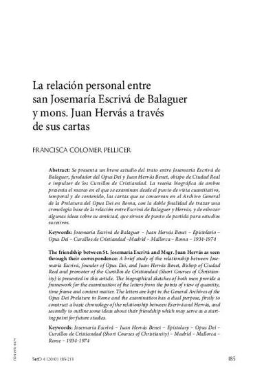 La relación personal entre san Josemaría Escrivá de Balaguer y mons. Juan Hervás a través de sus cartas. [Journal Article]
