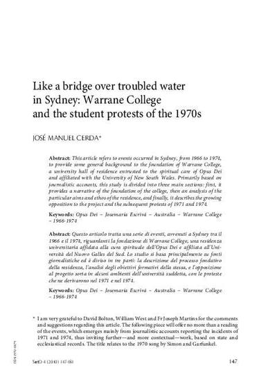Like a Bridge over Troubled Water in Sydney: Warrane College and the Student Protests of the 1970s. [Journal Article]