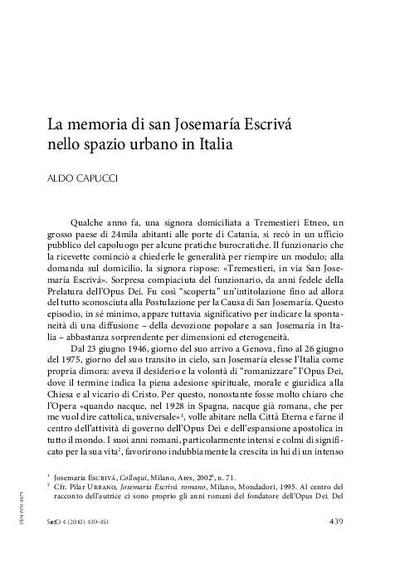 La memoria di san Josemaría Escrivá nello spazio urbano in Italia. [Artículo de revista]