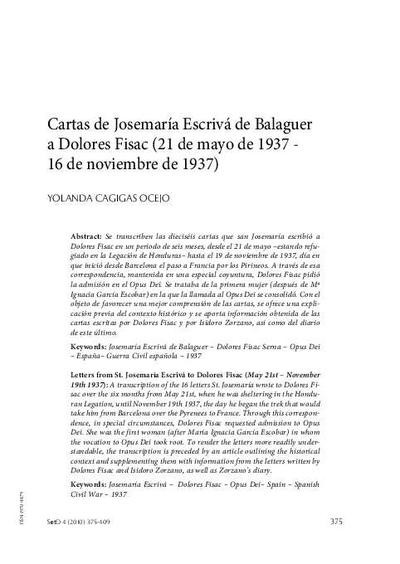 Cartas de Josemaría Escrivá de Balaguer a Dolores Fisac (21 de mayo de 1937 - 16 de noviembre de 1937). [Journal Article]