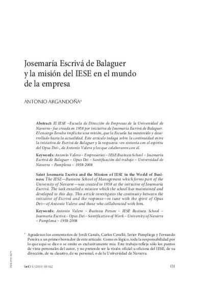 Josemaría Escrivá de Balaguer y la misión del IESE en el mundo de la empresa. [Journal Article]