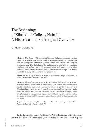 The Beginnings of Kibondeni College, Nairobi. A Historical and Sociological Overview. [Journal Article]