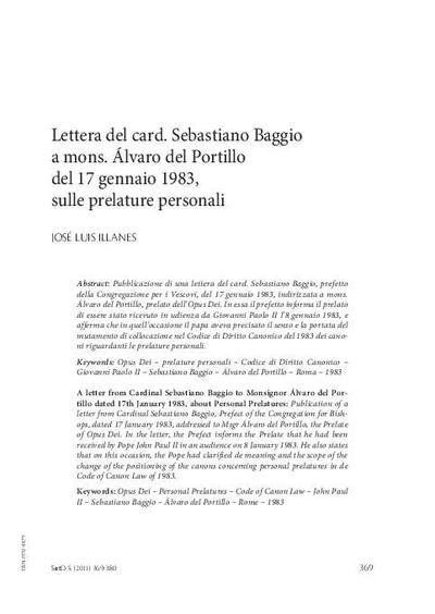 Lettera del card. Sebastiano Baggio a mons. Álvaro del Portillo del 17 gennaio 1983, sulle prelature personali. [Journal Article]