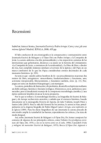 [Recensión sobre: Josemaría Escrivá y Pedro Arrupe. Cara y cruz ¿de una misma Iglesia?]. [Journal Article]