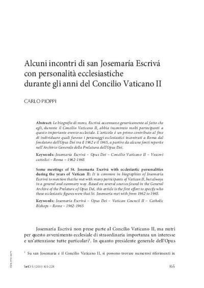 Alcuni incontri di san Josemaría Escrivá con personalità ecclesiastiche durante gli anni del Concilio Vaticano II. [Artículo de revista]