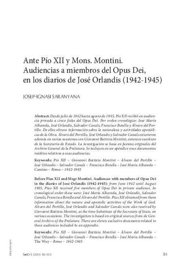 Ante Pío XII y Mons. Montini. Audiencias a miembros del Opus Dei, en los diarios de José Orlandis (1942-1945). [Journal Article]