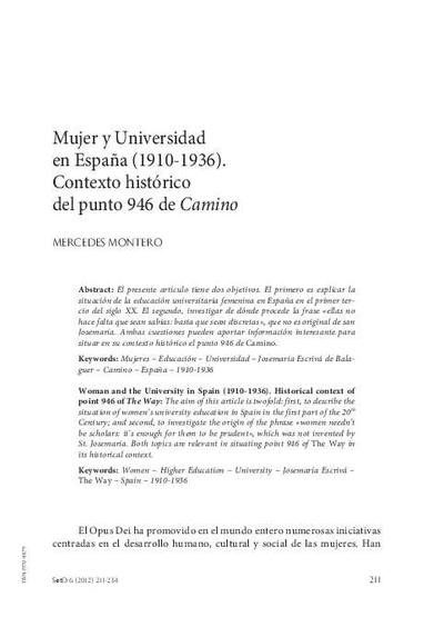 Mujer y Universidad en España (1910-1936). Contexto histórico del punto 946 de <i>Camino</i>. [Artículo de revista]