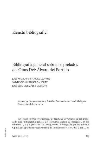 Bibliografía general sobre los prelados del Opus Dei: Álvaro del Portillo. [Artículo de revista]