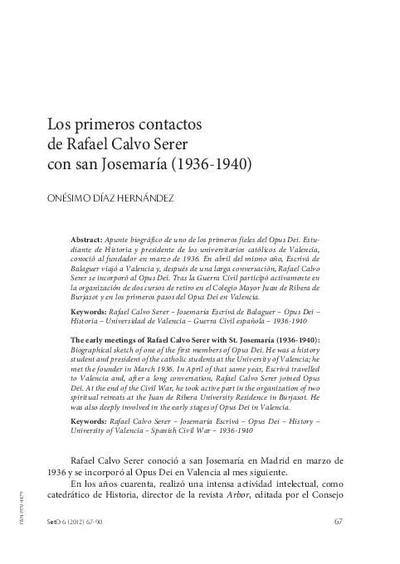 Los primeros contactos de Rafael Calvo Serer con san Josemaría (1936-1940). [Artículo de revista]