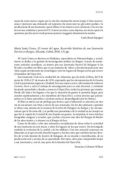 [Recensión sobre: El rumor del agua. Recorrido histórico de san Josemaría Escrivá en Burgos]. [Journal Article]