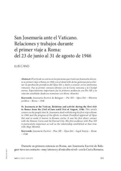 San Josemaría ante el Vaticano. Encuentros y trabajos durante el primer viaje a Roma: del 23 de junio al 31 de agosto de 1946. [Journal Article]