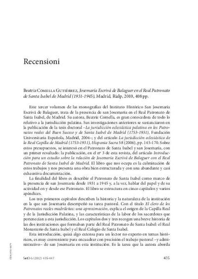 [Recensión sobre: Josemaría Escrivá de Balaguer en el Real Patronato de Santa Isabel de Madrid (1931-1945)]. [Journal Article]