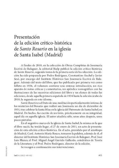 Presentación de la edición crítico-histórica de <i>Santo Rosario</i> en la iglesia de Santa Isabel (Madrid). [Artículo de revista]