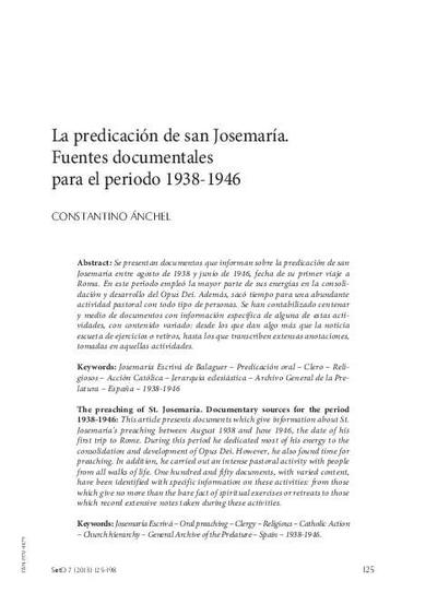 La predicación de san Josemaría. Fuentes documentales para el periodo 1938-1946. [Artículo de revista]