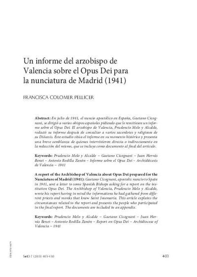 Un informe del arzobispo de Valencia sobre el Opus Dei para la nunciatura de Madrid (1941). [Artículo de revista]