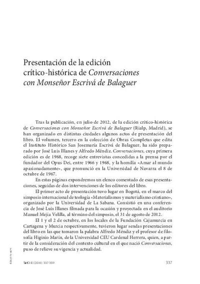 Presentación de la edición crítico-histórica de <i>Conversaciones con Monseñor Escrivá de Balaguer</i>. [Artículo de revista]