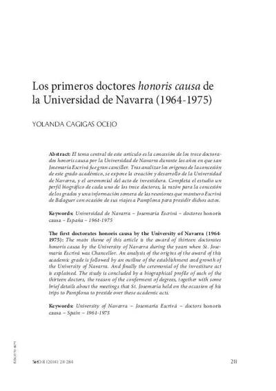 Los primeros doctores <i>honoris causa</i> de la Universidad de Navarra (1964-1975). [Artículo de revista]